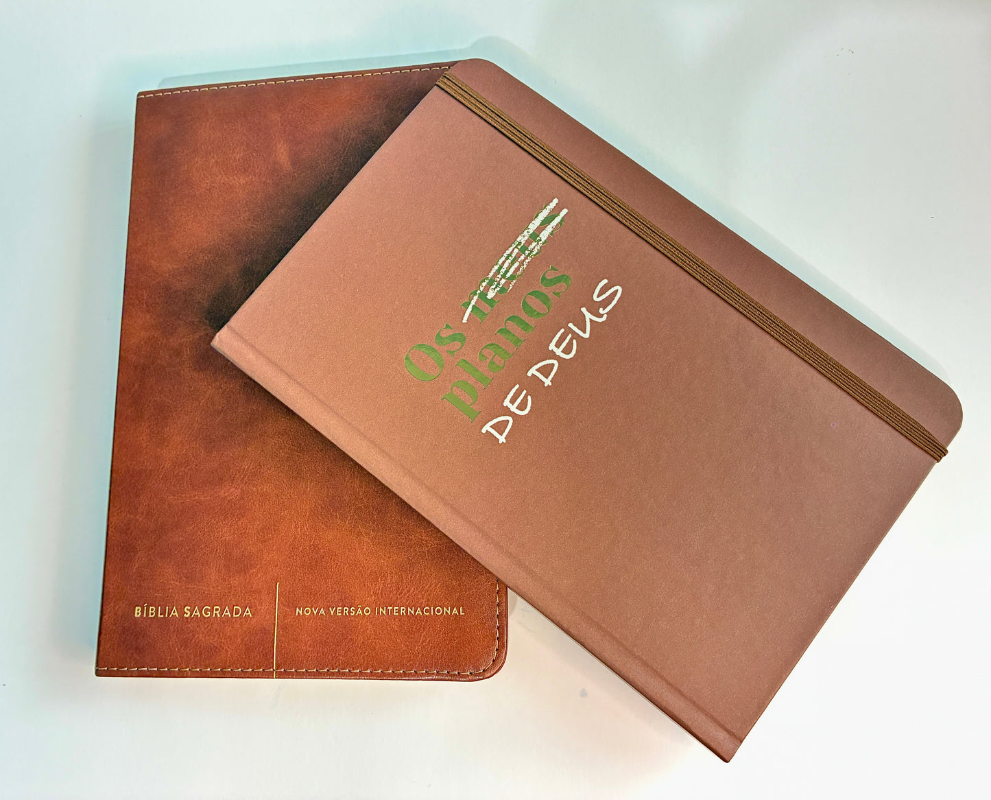 Kit Slim Luxo — Bíblia NVI Couro Marrom + Caderno Planner 'Os Planos de Deus'